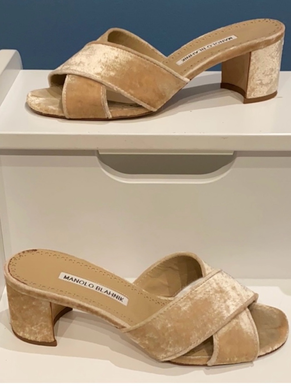 Manolo Blahnik Beige Velvet Crisscross Mules